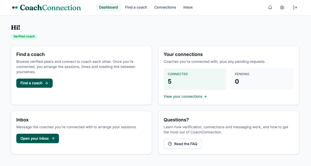 The CoachConnection dashboard: your verified status, your connections, and your inbox in one place.